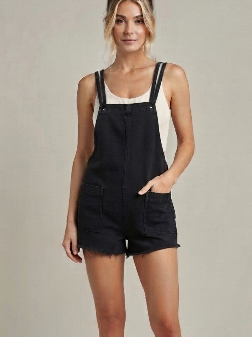 Aerie Double Strap Shortall Romper Black Denim Frayed Hem Overalls Women’s! S
